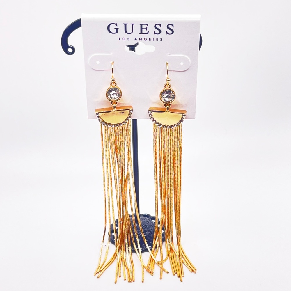 NWT - GUESS Snake Chain Tassel Statement Earrings Gold Tone Linear Dangle Bold